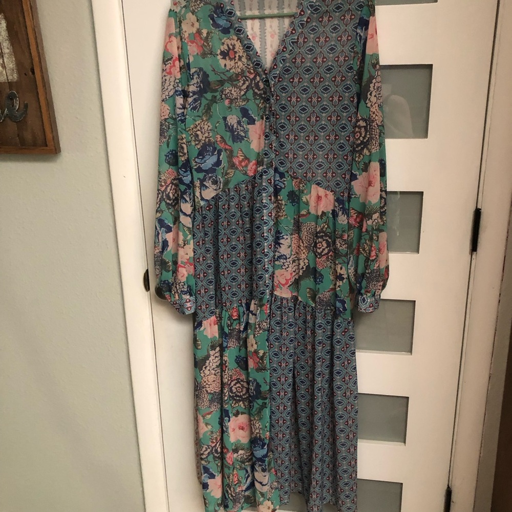 Boho Floral Patchwork Maxi Dress in Teal and Pink